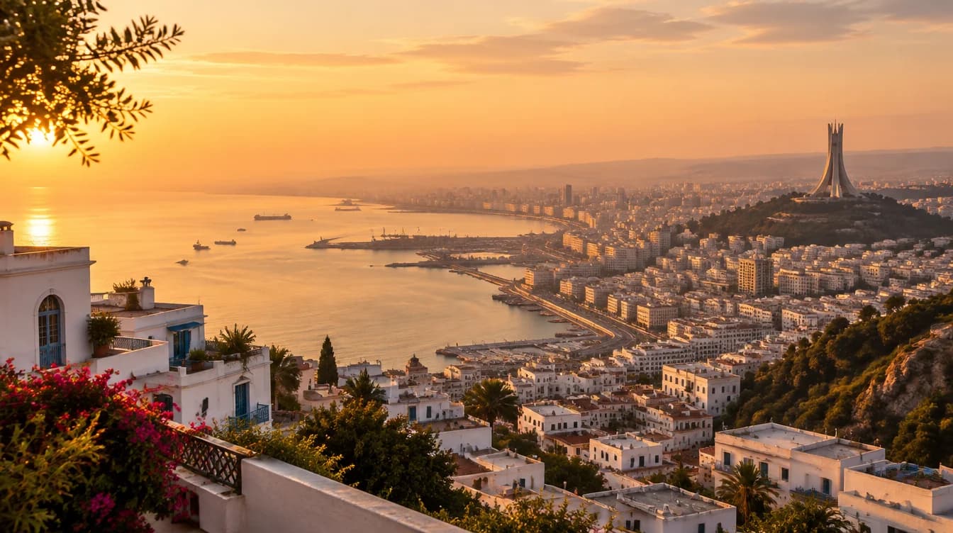 La baie d'Alger au coucher du soleil, avec le Maqam Echahid sur les hauteurs