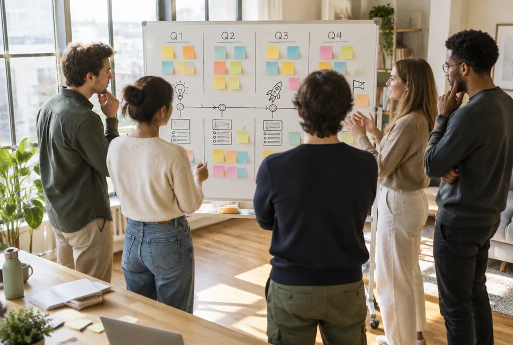 Une équipe de fondateurs devant un tableau blanc couvert de post-it et d'une feuille de route en quatre trimestres